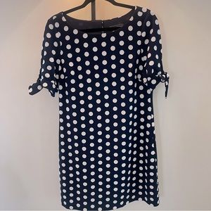 Super comfy stretchy navy and white polka dot dress!